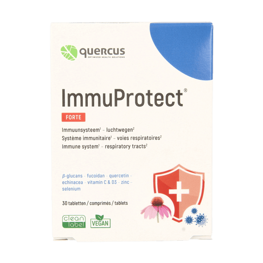 Quercus Immuprotect Forte herbal supplement tablets in a bottle, natural immune support product by Quercus.