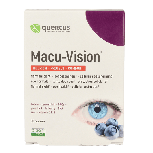 Quercus Macu-Vision multivitamin capsules, a dietary supplement with 30 capsules for eye health and overall wellness.