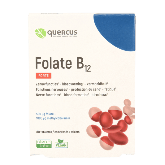 Quercus Folate B12 multivitamin tablets in a blister pack, dietary supplement for overall health and wellness.