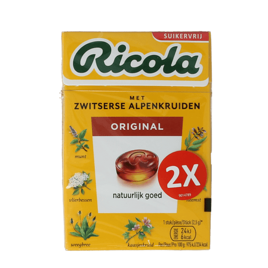 Ricola Original sugar-free candy duo pack with two 100g packs of herbal lozenges, featuring Ricola branding and packaging.