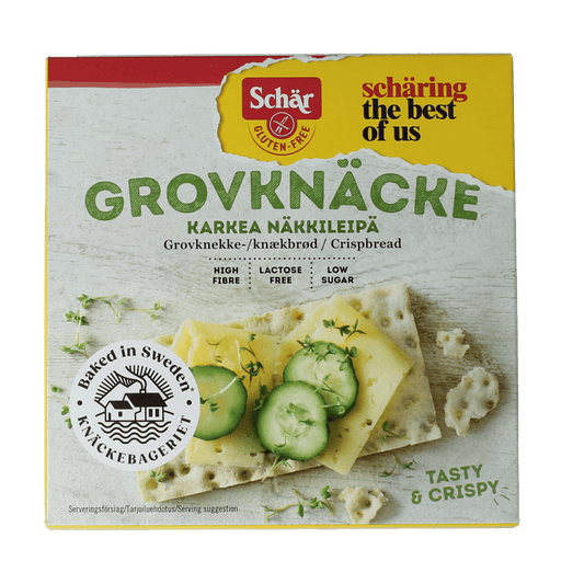 Schar Knackebrod vezelrijk glutenvrij crackers, 215g, with crisp texture and whole grain appearance on a white background.