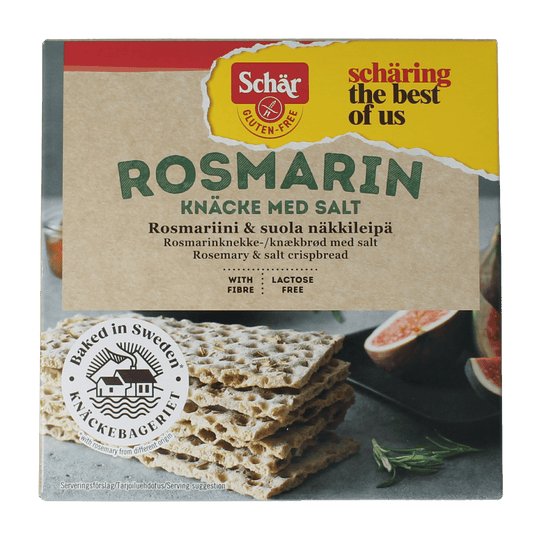 Schar Knackebrod rosemary and salt gluten-free crispbread, 230g, with visible crackled texture and sprinkled rosemary and salt grains.