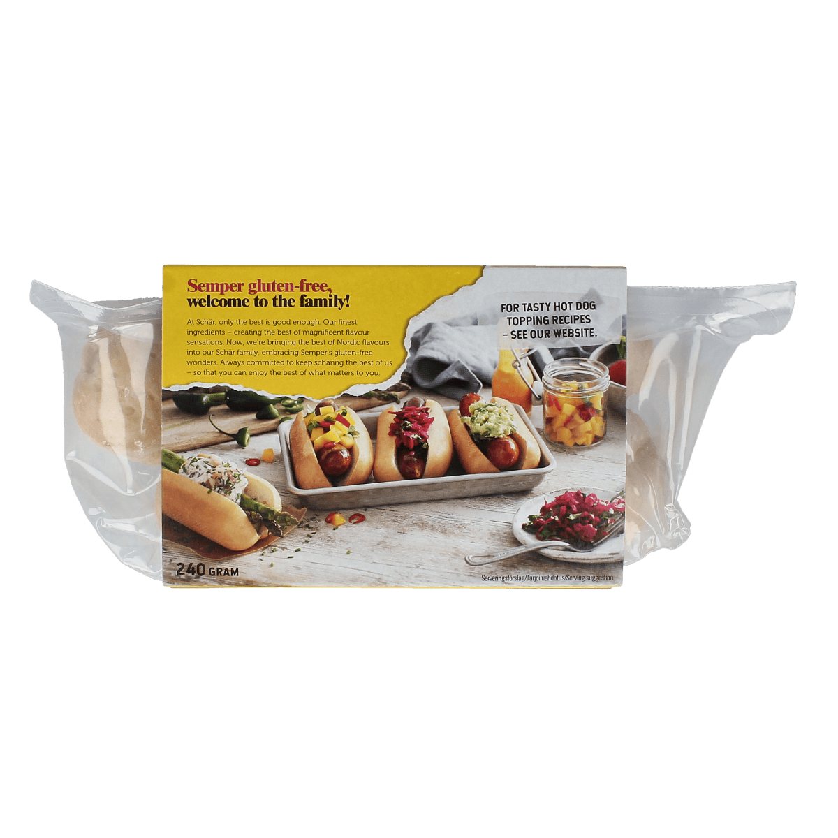 Schar glutenvrije hotdog broodjes in verpakking, soft bread rolls ideal for gluten-free hotdogs, 240 grams.