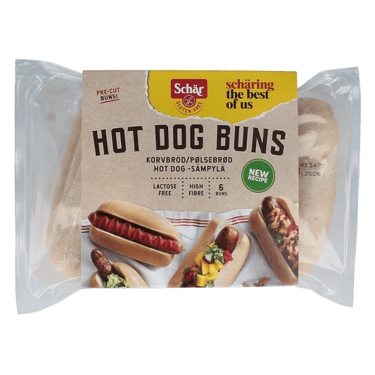 Schar glutenvrije hotdog broodjes in a package, soft bread rolls ideal for hotdogs, part of Schar’s broden en crackers range.