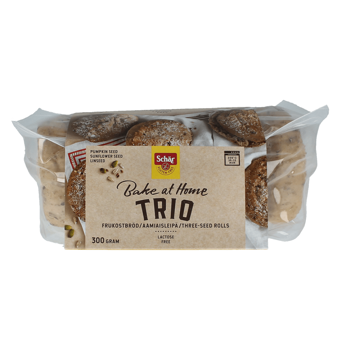 Schar glutenvrije afbakbroodjes trio, 300g, with three soft, golden-brown gluten-free bread rolls on a baking tray