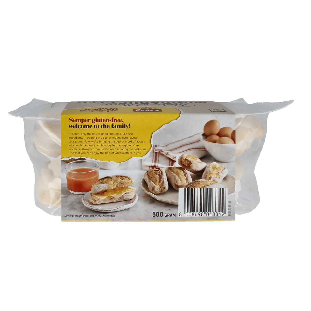 Mini gluten-free Schar Baguettes in a pack of 300 grams, showing golden crust and fresh texture in a close-up image.