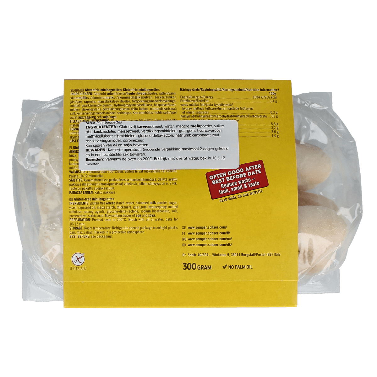 Mini gluten-free Schar baguettes in a clear plastic bag, showcasing the small, crusty bread loaves from the Schar brand.
