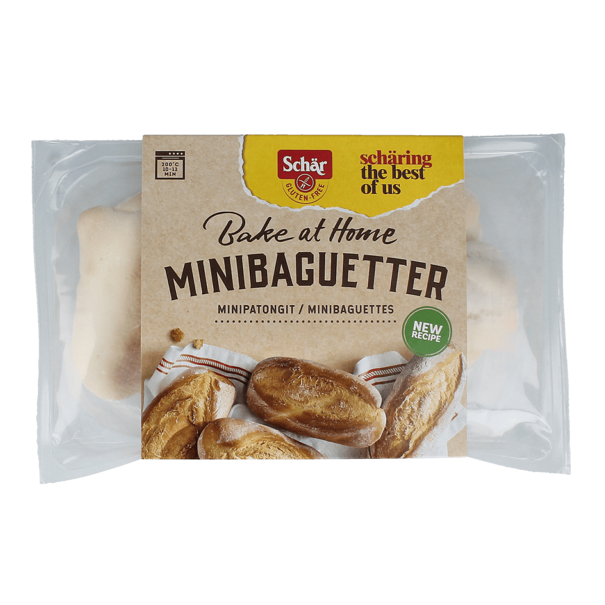 Schar mini glutenvrije baguettes in a clear package, showing golden-brown crusts and fresh appearance, 300 gram size.