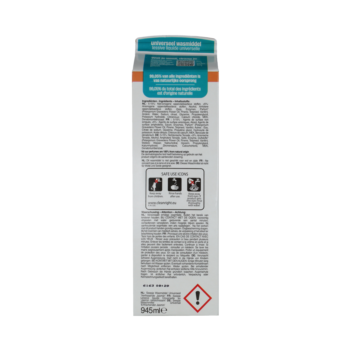 Seepje universeel refill pak wasmiddel, 945 ml, natural laundry detergent in a plastic refill pack.