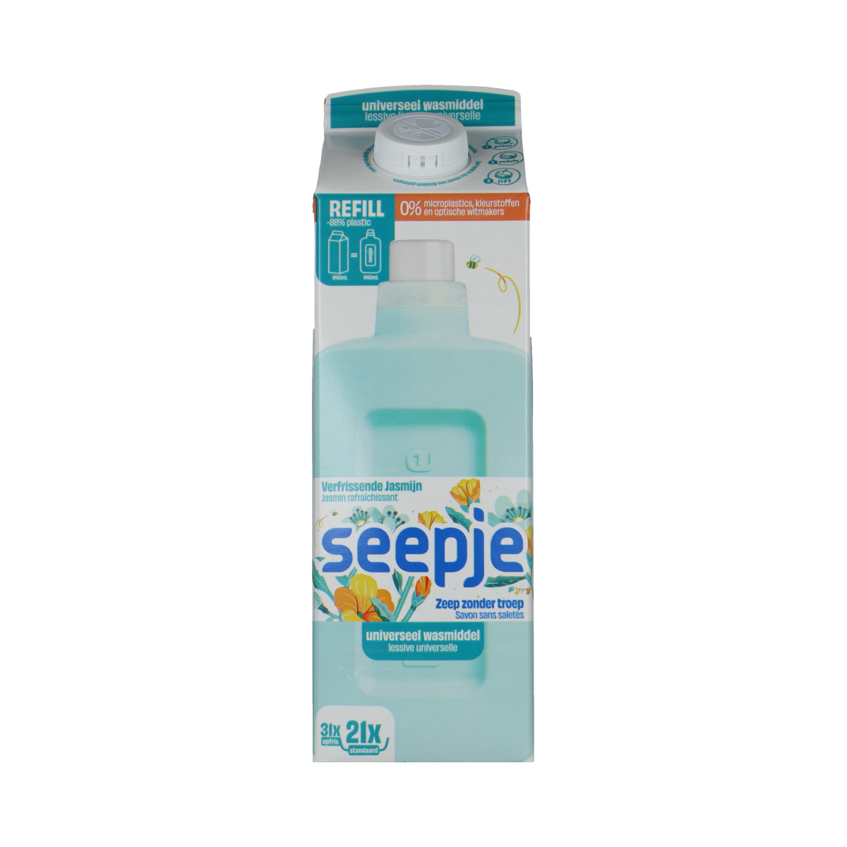 Seepje universeel refill pak wasmiddel, 945 ml, eco-friendly liquid laundry detergent in a large refill bottle.