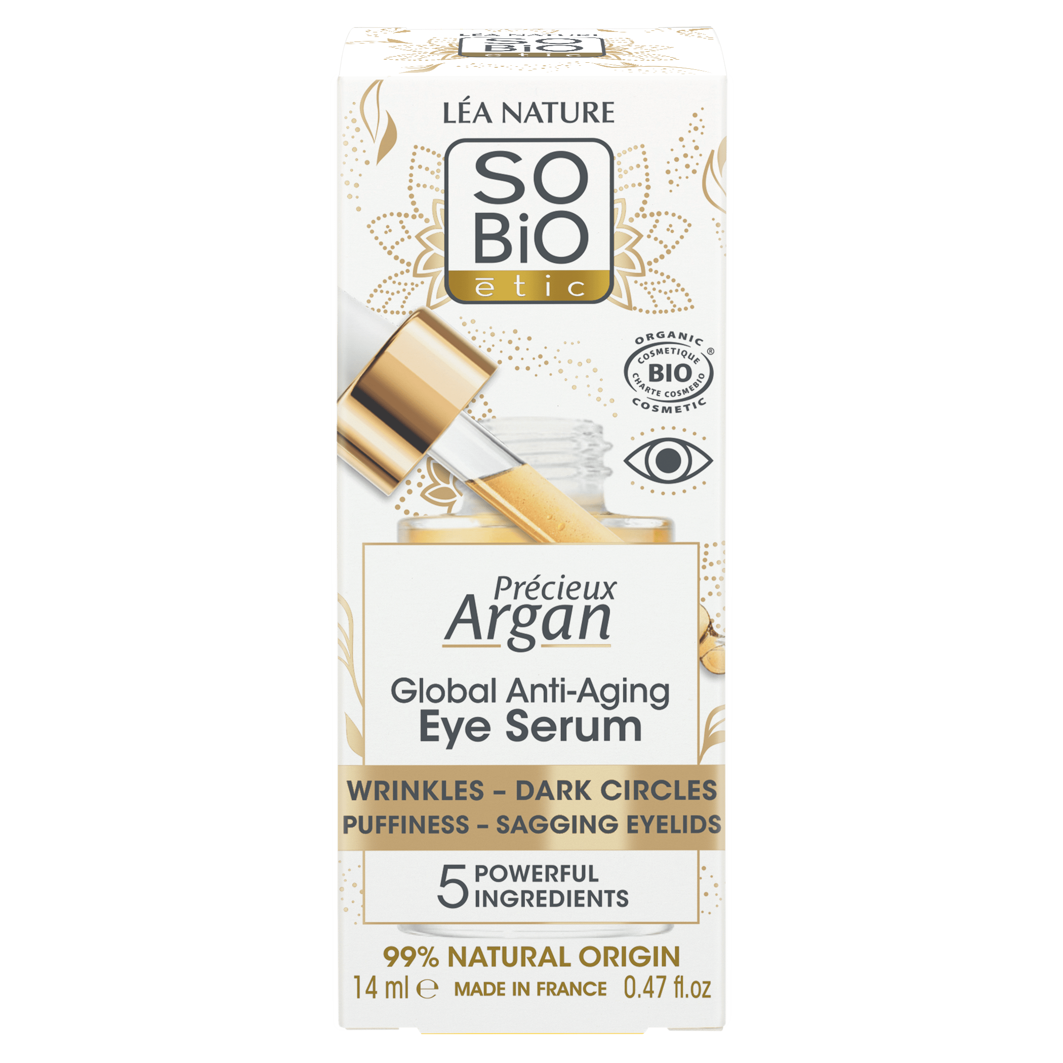 So Bio Etic Précieux Anti-Aging Eye Serum in a 14ml bottle, showcasing the skincare product for youthful eye contour.