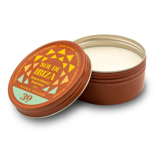 Sol De Ibiza vegan SPF30 sun protection zinc cream in a 100g metal tin, ideal for natural sun care and outdoor activities.
