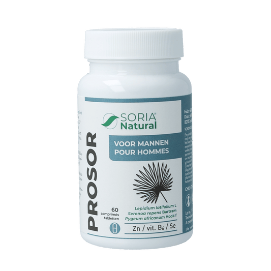 Soria Natural Prosor herbal supplement in a bottle of 60 tablets, natural herbal remedy from Soria Natural, close-up of tablets