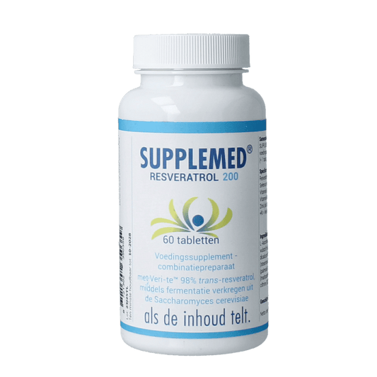 Supplemed Resveratrol 200 herbal supplement tablets in a bottle, designed for health and wellness.