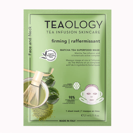 Teaology Matcha Tea Superfood Face Mask in packaging, natural skincare product for facial care and revitalization.