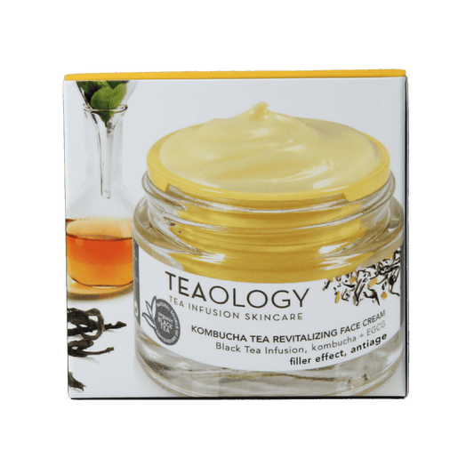 Teaology Kombucha tea revitalizing face cream in a 50ml jar, showcasing the skincare product for facial revitalization.
