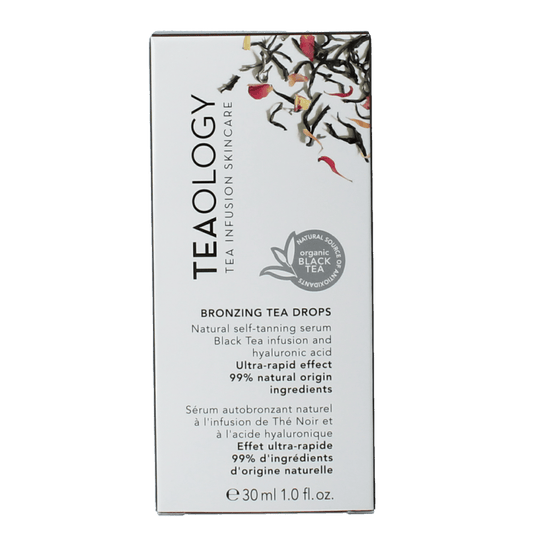 Teaology Bronzing Tea Drops in 30ml bottle, natural tanning supplement with golden liquid inside clear bottle, healthy glow product.