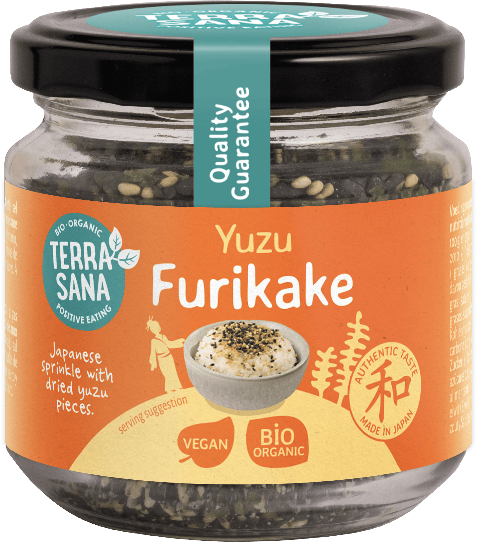 TerraSana Furikake Yuzu bio, 75g jar of Japanese seasoning with yuzu citrus flavor, for enhancing rice and dishes.