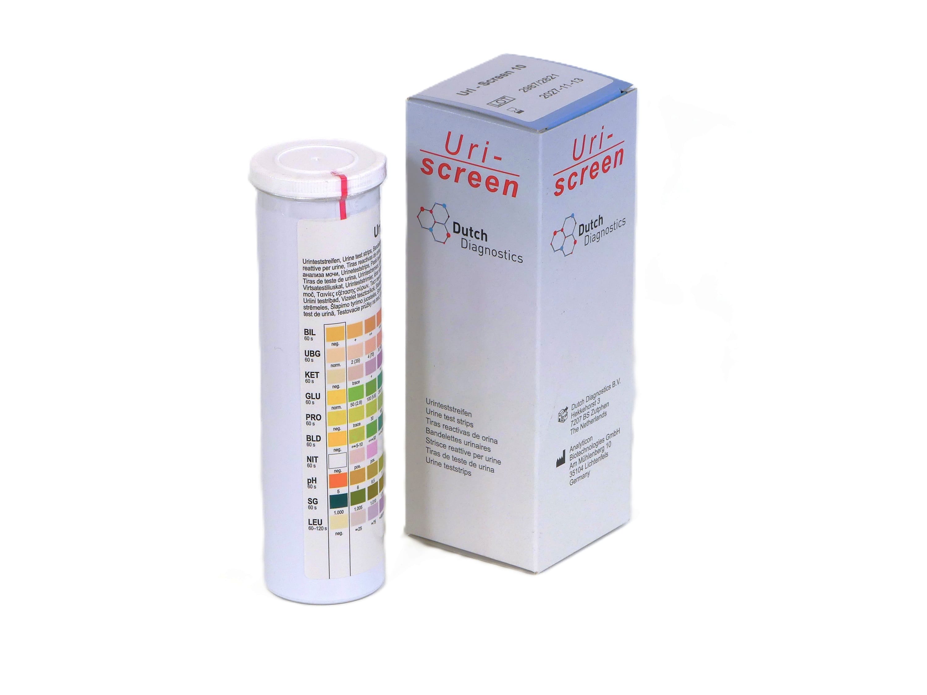 Testjezelf.nu Dutch Diagnostics Uri-Screen 10 self-test kits, 100 units, for at-home health testing, displayed in packaging.