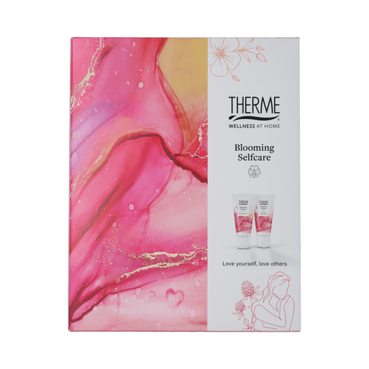Therme Blooming Selfcare gift set with two body care products in elegant packaging, perfect for relaxing skincare routine.