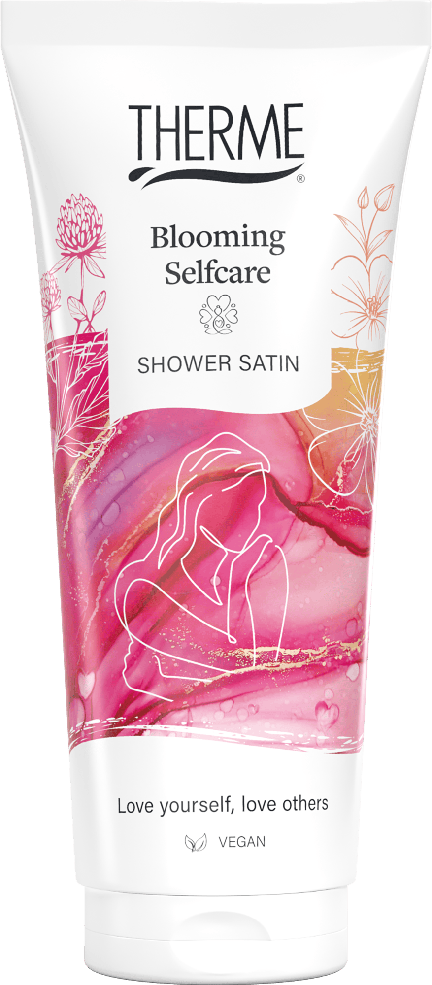 Therme Blooming Selfcare Shower Satin bottle, body care product, 200ml, with floral packaging and elegant design.