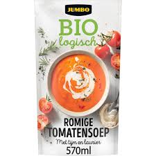 Bio tomato cream soup from Topbrands2go, 350ml, showing a vibrant bowl of fresh tomato soup with herbs.