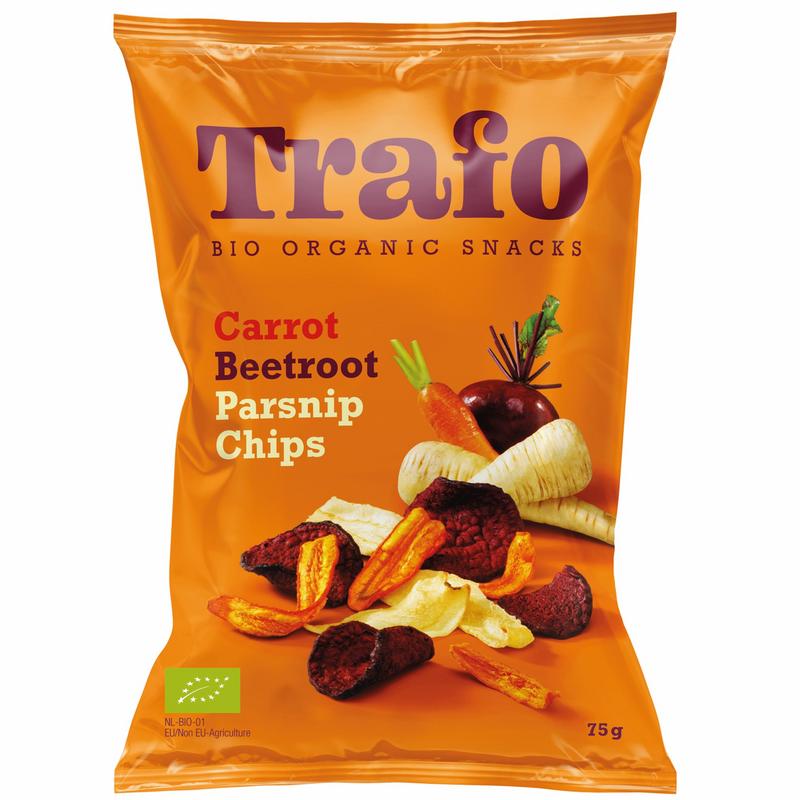 Trafo Chips en Zoutjes 75.00 Gram Trafo Groente chips wortel pastinaak rode biet bio 75.00 Gram