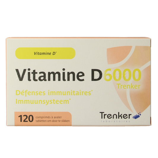 Bottle of Trenker Vitamin D6000 120 tablets for children, with the label showing the Trenker brand and product details.