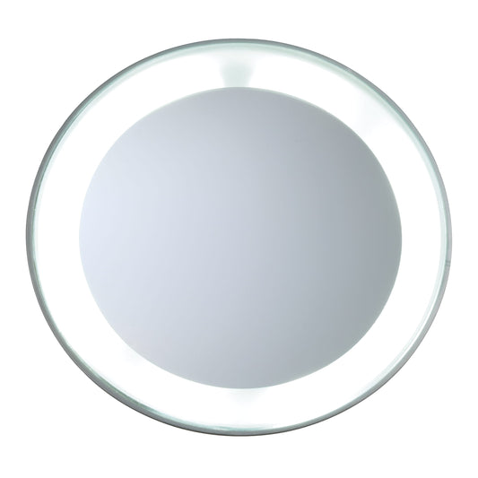 Tweezerman mini LED magnifying mirror for bathroom, 15x zoom, compact and portable for precise grooming and makeup application.