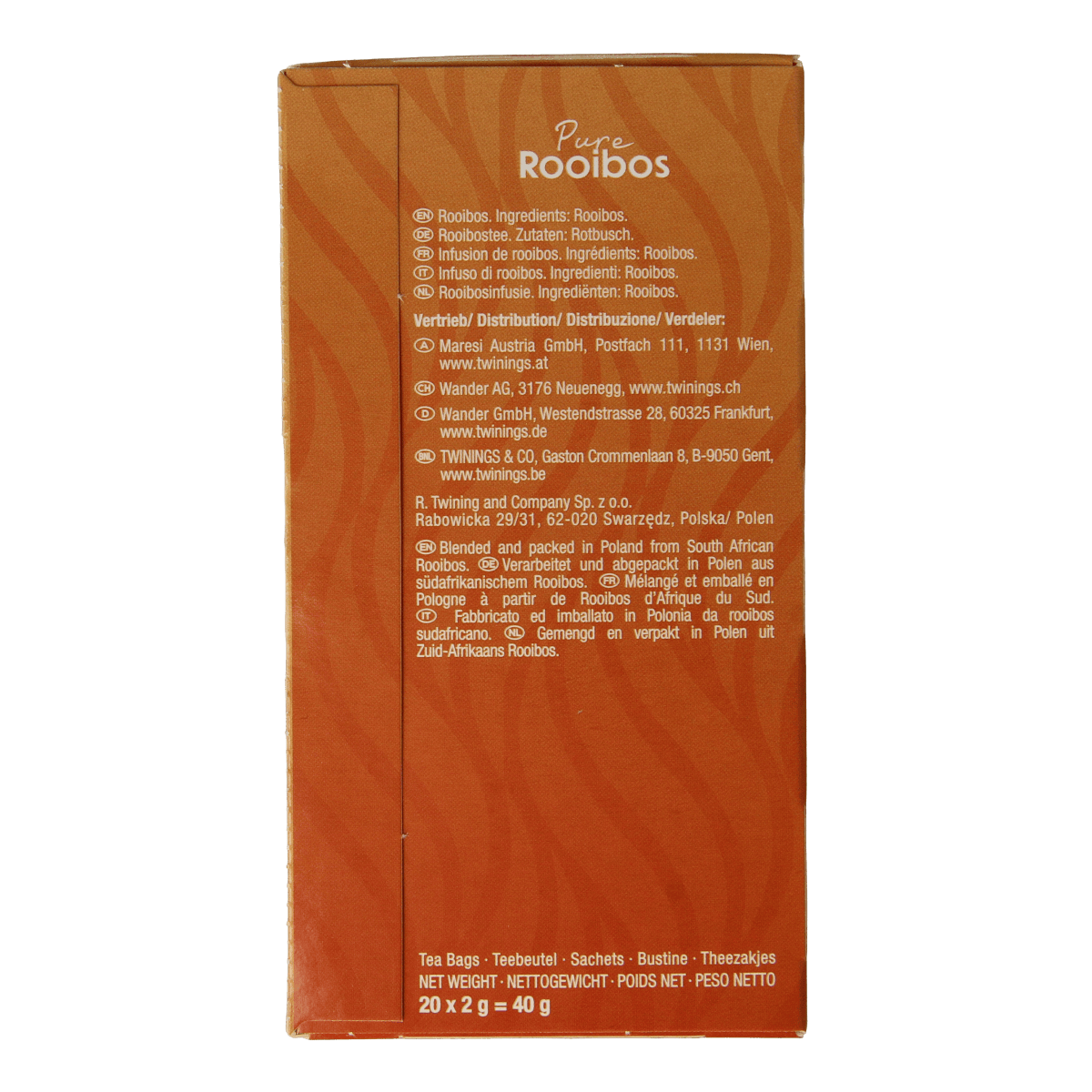 Twinings Rooibos tea bags, 20-count box, natural herbal tea with red rooibos leaves in a box for brewing.