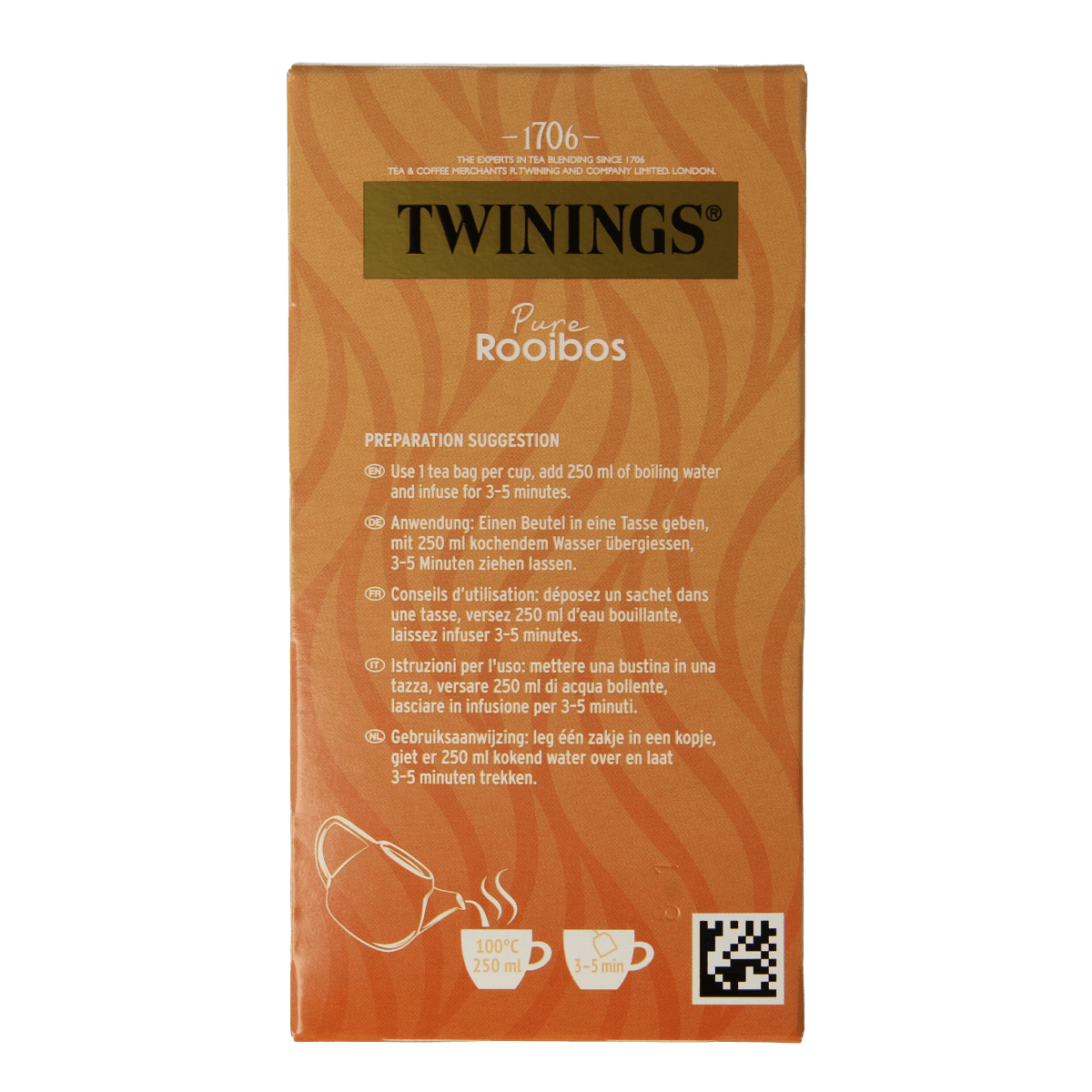 Twinings Rooibos tea bags, 20 count, in a box of herbal tea, featuring the Twinings brand logo and packaging.