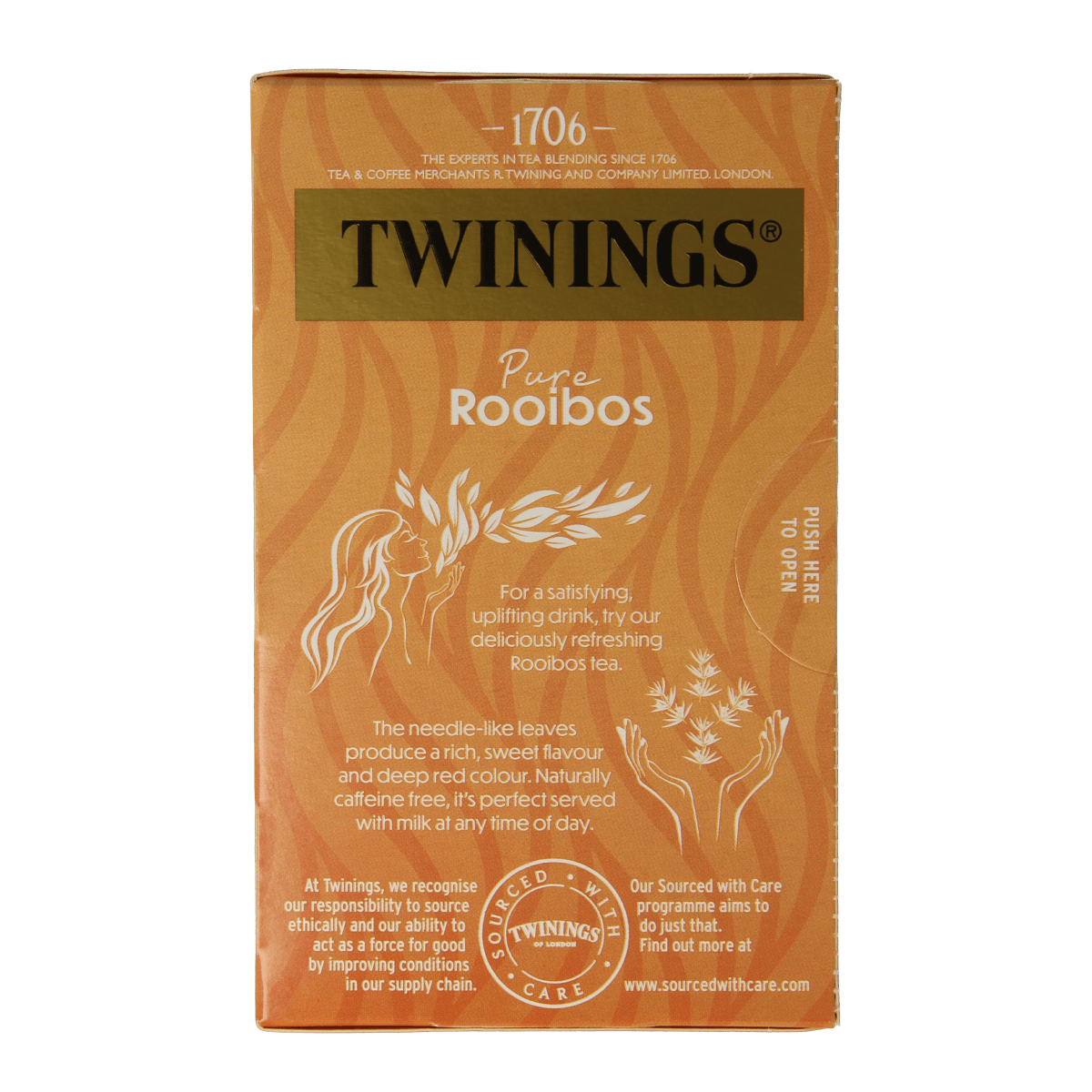 Twinings Rooibos tea bags in a box, natural herbal tea, 20 sachets, ideal for soothing and flavorful tea brewing.