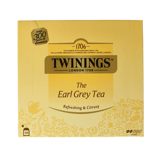 Twinings Earl Grey tea envelopes, 50-pack, showcasing individually wrapped tea bags with classic branding and distinctive aroma.