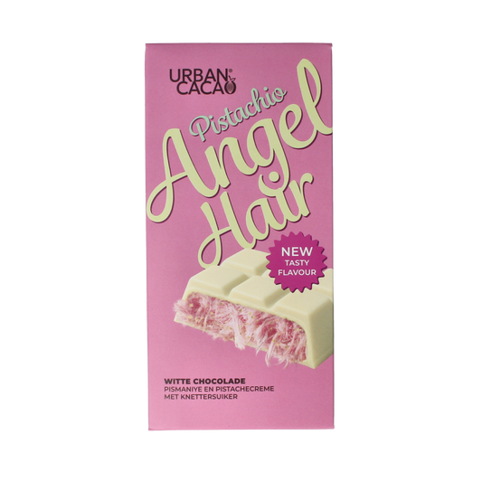 Urban Cacao Pistachio Angelhair Chocolate in 150g package, showing the colorful pistachio-flavored chocolate pieces.
