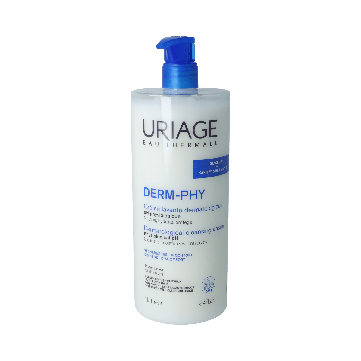 Uriage DERM-PHY Creme Lavante dermatologische lichaamsverzorging in 1 liter bottle, gentle cleanser for sensitive skin.