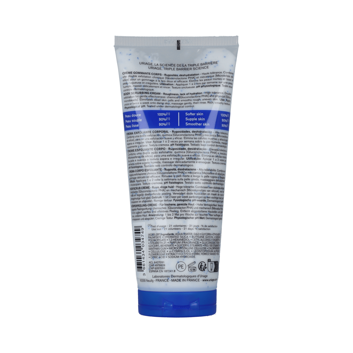 Uriage DERM-PHY Creme Gommante Corps body scrub in 200ml for gentle exfoliation and skin care.