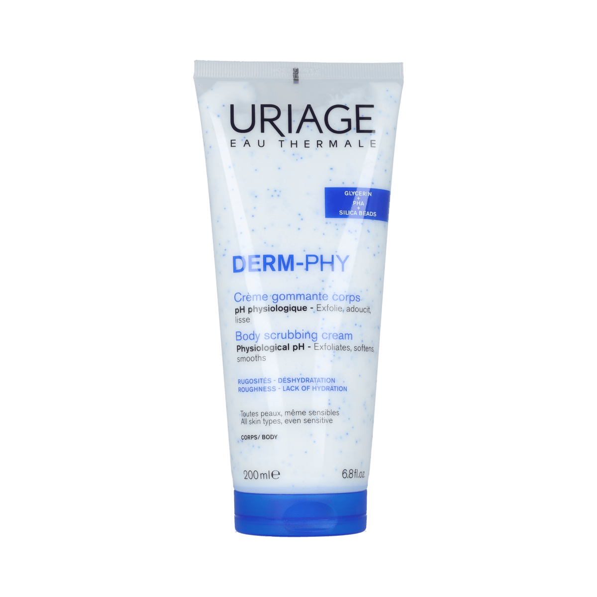 Uriage DERM-PHY Creme Gommante Corps body scrub in 200ml jar, gentle exfoliating body care from Uriage.