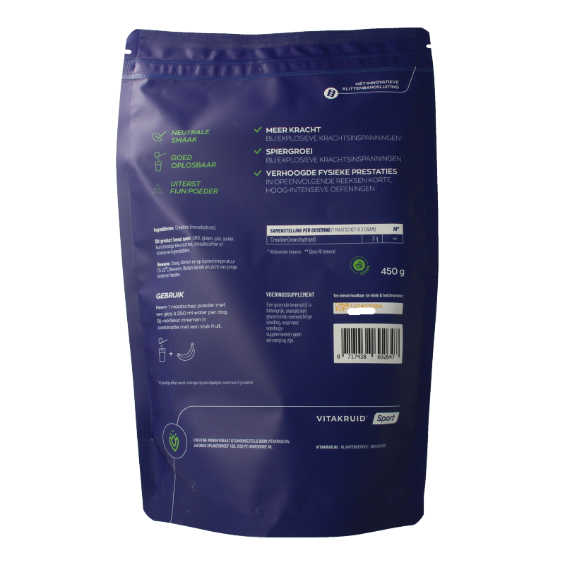 Vitakruid Aminozuren 450 Gram Vitakruid Creatine Monohydraat gemicroniseerd tot 200 mesh 450 Gram