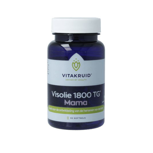 Bottle of Vitakruid Visolie 1800 TG Mama softgels with 30 capsules, showing the softgel capsules and label.