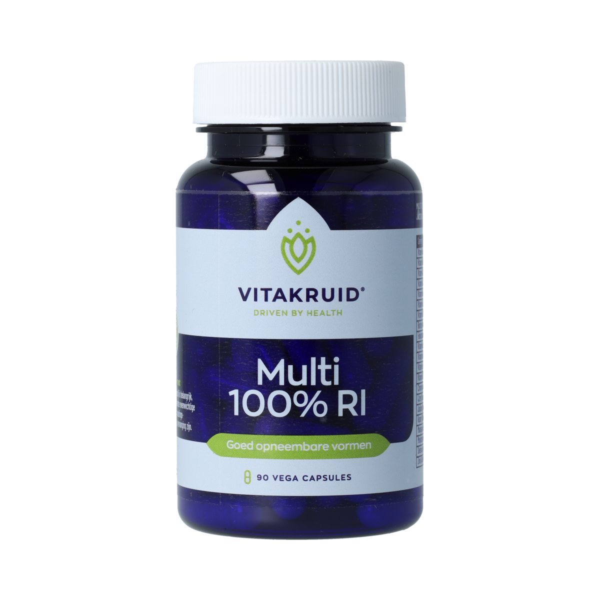 Vitakruid Multi 100% RI vegetarian capsules, 90 easy-to-absorb vitamin multi supplement in clear capsules.