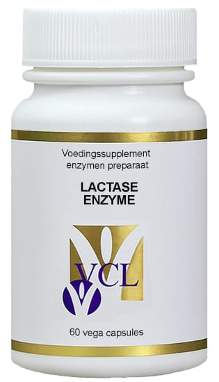 Vital Cell Life Lactase enzyme capsules, dietary supplement for digestion, 60 capsules, stored in a clear bottle with label.