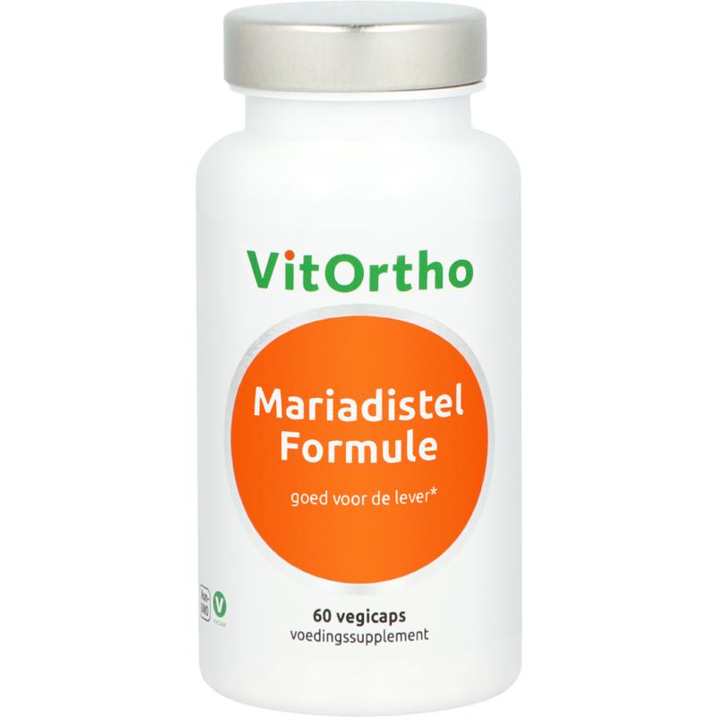 Vegetarische capsules van VitOrtho Mariadistel formule, kruidenpreparaat voor natuurlijke leverondersteuning, 60 capsules.