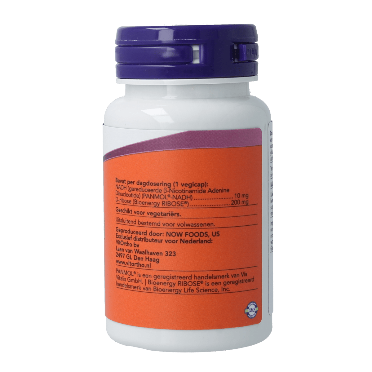 VitOrtho NADH 10mg vegetarian capsules, bottle of 60, dietary supplement for energy and mental clarity.