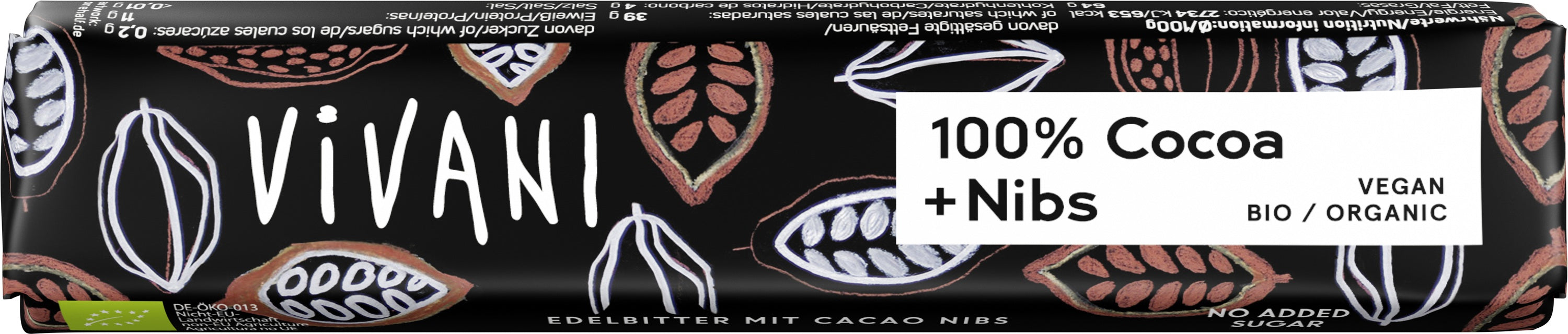 Vivani Chocolate to go puur 100% with nibs bio snack, 25g, showing the chocolate bar with nibs and eco-friendly packaging.