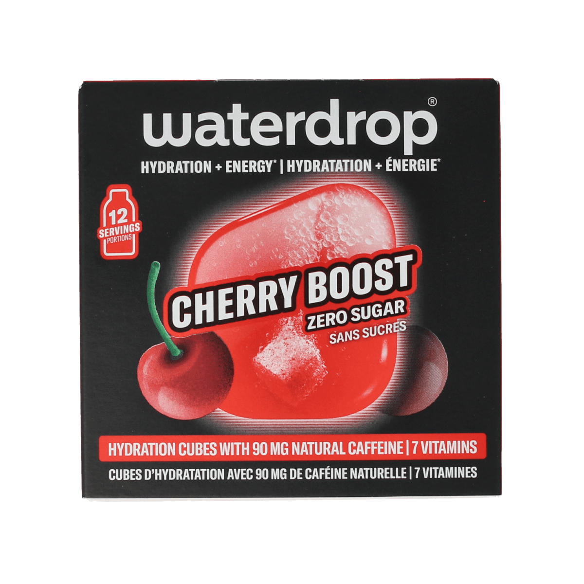 Waterdrop Microenergy Cherry Boost drink tablets, 12-pack, in colorful packaging for flavored water enhancement.