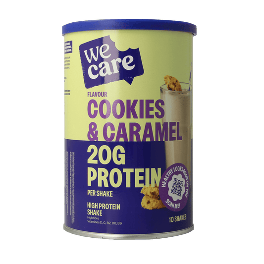 WeCare high protein shake cookies and caramel snack, 340 grams, showing cookies with caramel filling in a clear package.