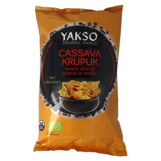Yakso Cassave Krupuk bio, 75g, crispy Indonesian snack made from organic cassava, in a bright, colorful package.
