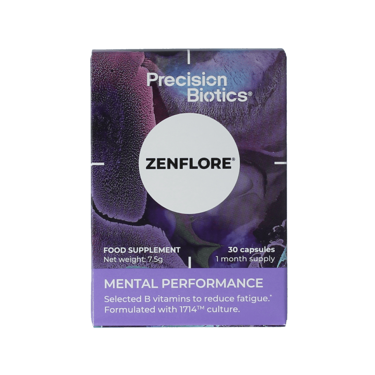 Zenflore vegetarian capsules dietary supplement in a clear bottle, containing 30 capsules, designed to support digestive health.