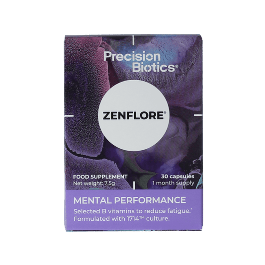 Zenflore vegetarian capsules dietary supplement in a clear bottle, containing 30 capsules, designed to support digestive health.