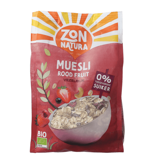 Zonnatura Muesli Rood Fruit bio ontbijtgranen in een kom met rood fruit en granen, 375 gram, natuurlijke biologische ingrediënten